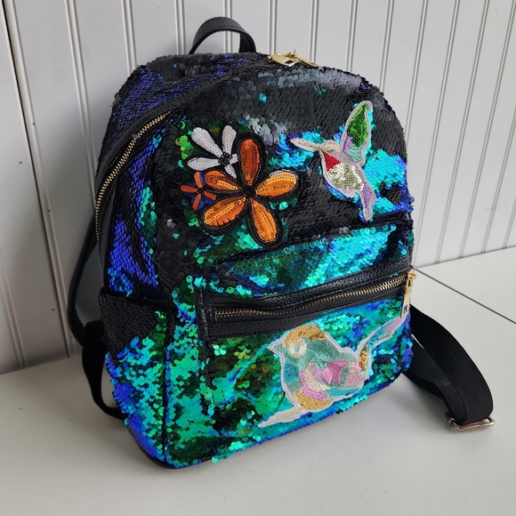 Fashion Angels Women's Sequin Backpack Mini Multi Black Green Bird Zip 12" - Picture 1 of 15